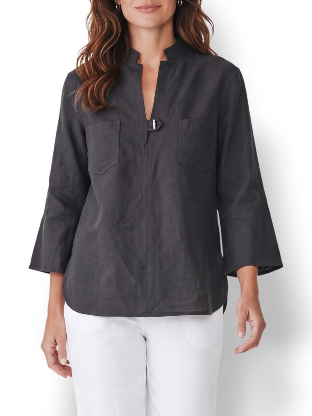 4/$20 Black Mandarin Collar 3/4 Sleeve Pullover Top Chest Pockets Small